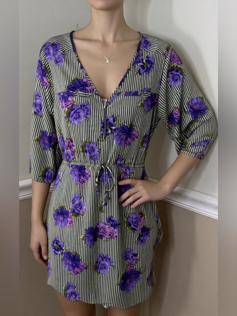 Floral V-Neck Drawstring Mini Dress in Purple